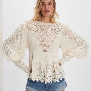 🆕 FREE PEOPLE Ivory Lace Lucinda Sweater Boho Poof Sleeve Thermal Cuff large